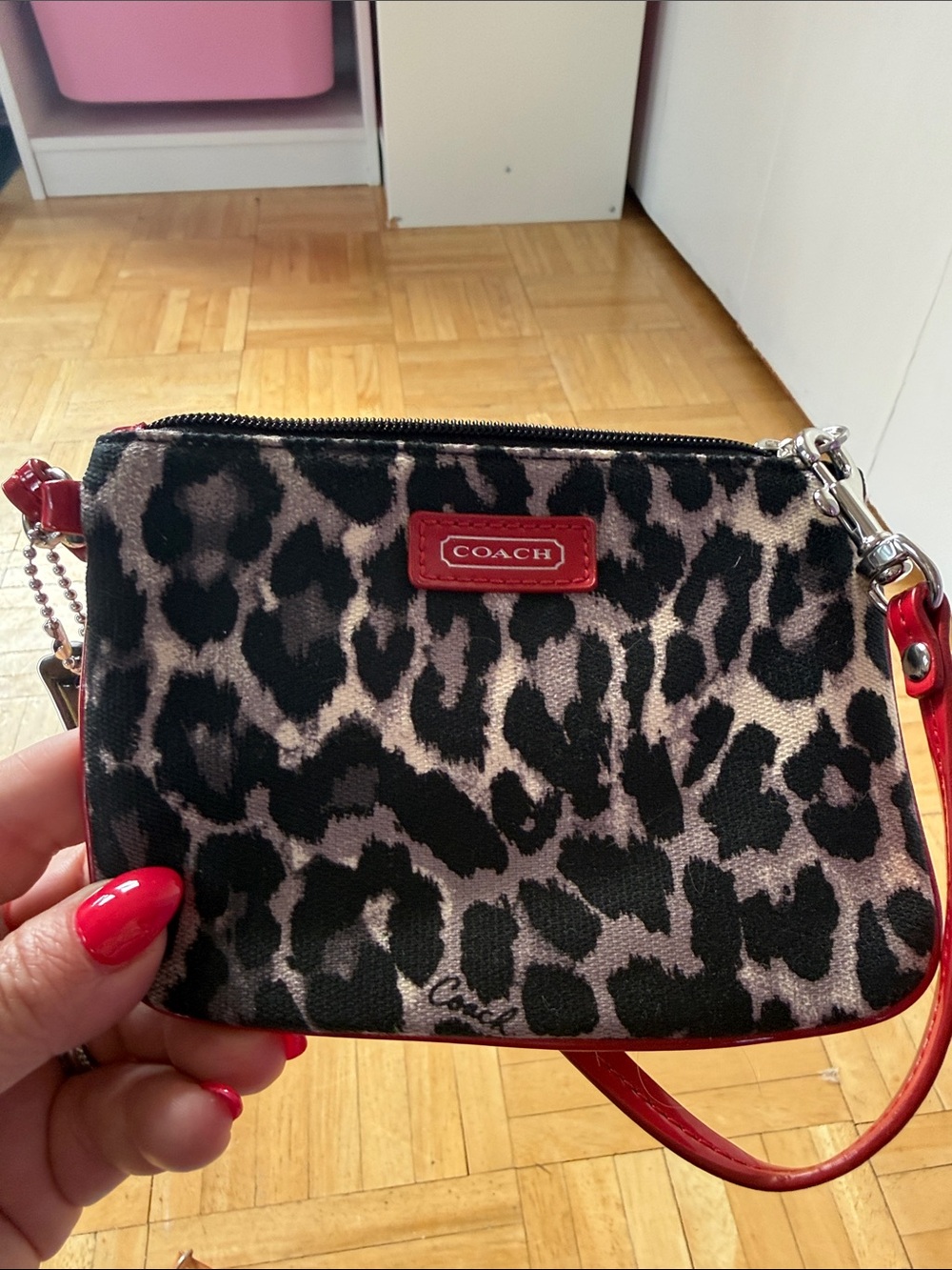 Coach Leopard Print Wristlet Pouch in Black, Taupe & Red Trim